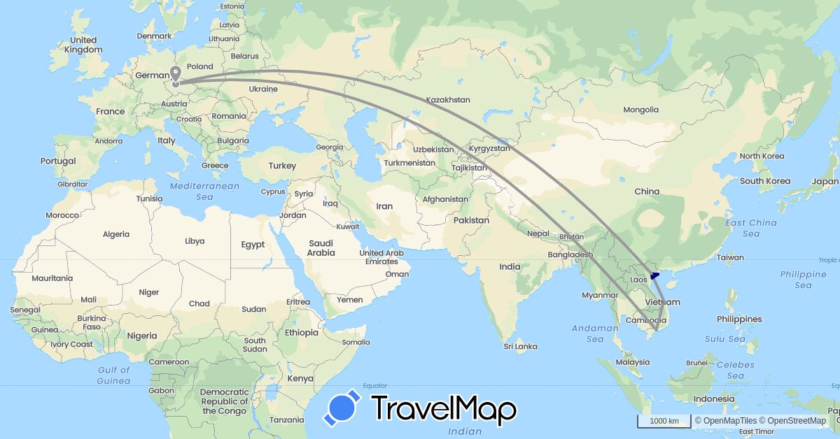 TravelMap itinerary: driving, plane in Czech Republic, Vietnam (Asia, Europe)